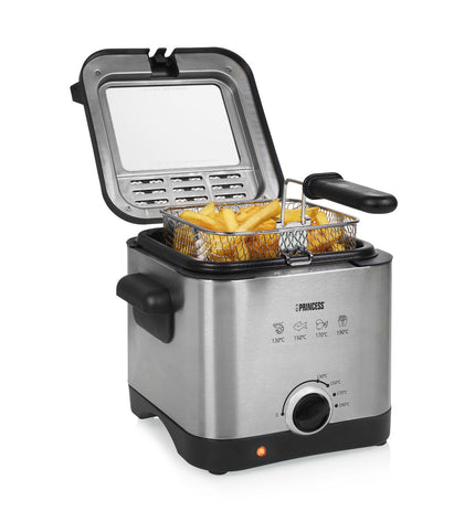 Princess MiniFryer in stainless steel with 1000W power and 1.5L capacity, compact electric fryer for home cooking.
