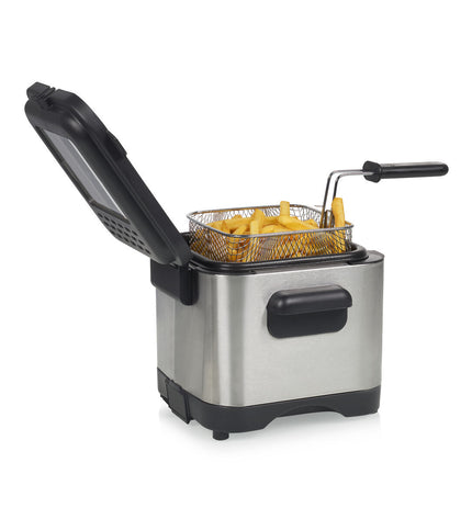 Princess MiniFryer in stainless steel with 1000W power and 1.5L capacity for home cooking, compact electric fryer.