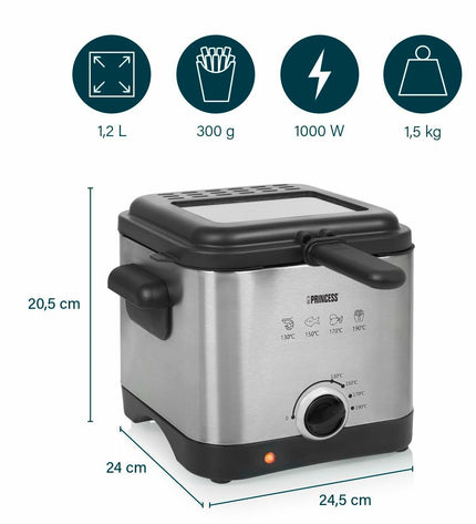 Princess mini deep fryer in stainless steel with 1000W power and 1.5L capacity, suitable for home cooking and small meals.