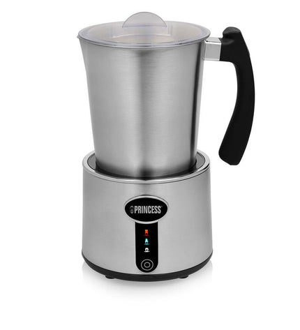 Princess Melkopschuimer 243005 electric milk frother for hot and cold beverages, with a sleek design and stainless steel finish.