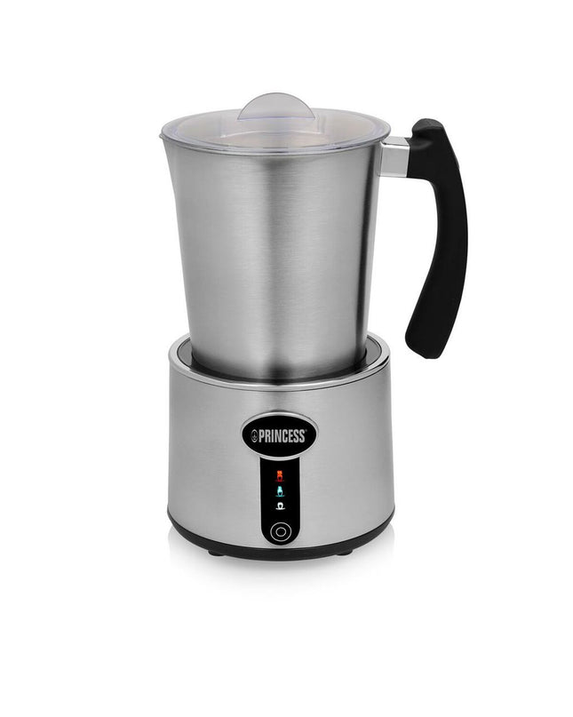 Princess Melkopschuimer 243005 electric milk frother for hot and cold beverages, with a sleek design and stainless steel finish.