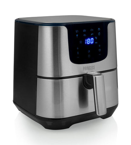 Princess luchtfriteuse in zilverkleur, 1700W, compact kitchen appliance with 5.5L capacity for crispy fried dishes.