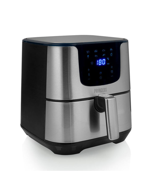 Princess luchtfriteuse in zilverkleur, 1700W, compact kitchen appliance with 5.5L capacity for crispy fried dishes.