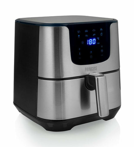 Princess luchtfriteuse in zilver, 1700W, 5.5L capacity, compact electric kitchen appliance for healthy frying.
