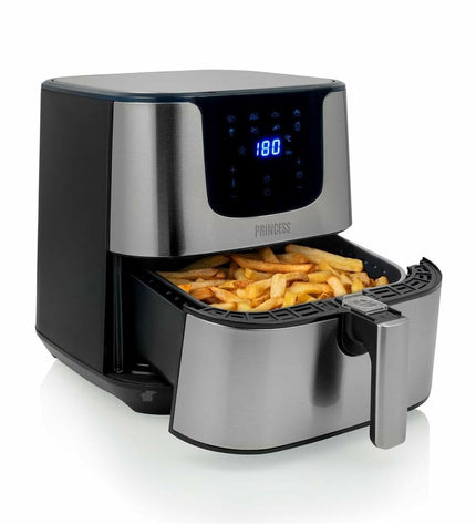 Princess luchtfriteuse in zilverkleur, 1700W, 5.5L capacity, compact electric kitchen appliance for healthy frying.
