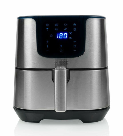 Princess luchtfriteuse in zilverkleur, 1700W, 5.5L capacity, compact electric kitchen appliance for frying.