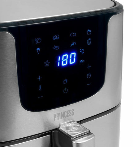 Princess luchtfriteuse in zilverkleur, 1700 W, 5.5 L capacity, compact electric fryer for home cooking.