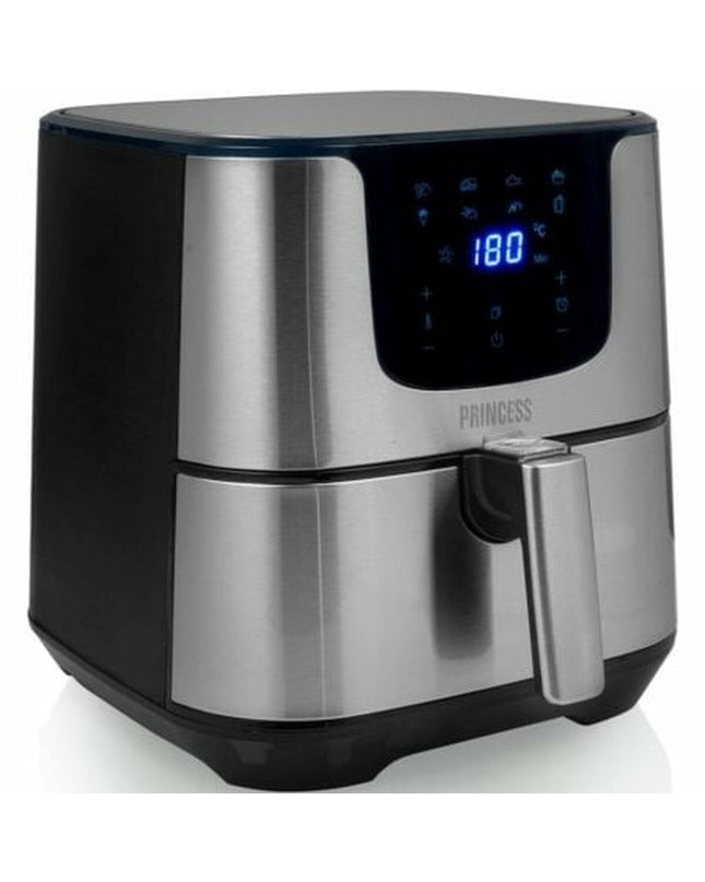 Princess luchtfriteuse in zilverkleur, 1700W, 5.5L capacity, compact electric fryer for home cooking.
