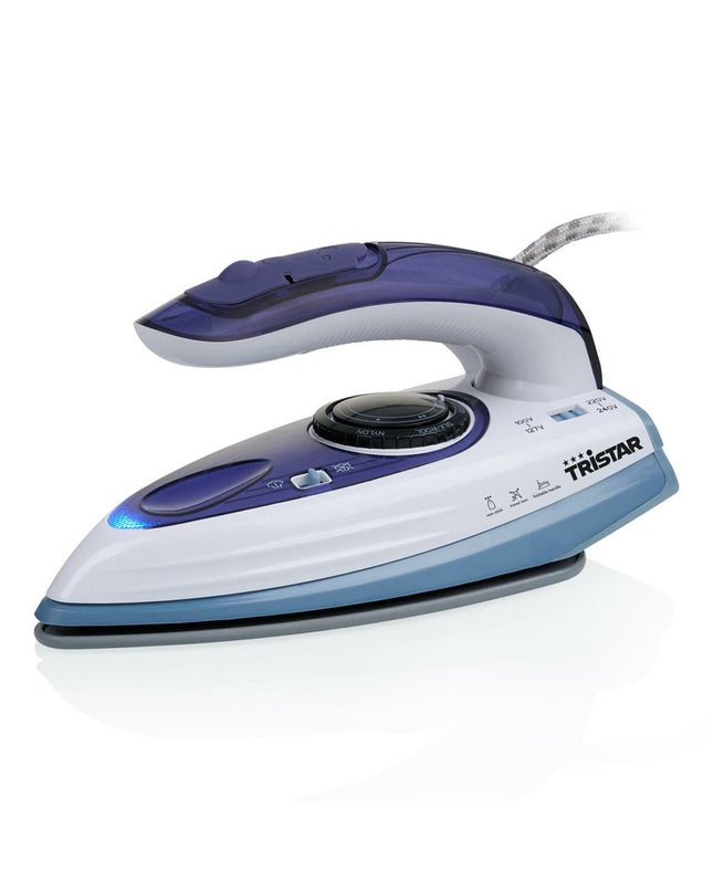 Tristar ST-8152 steam iron with 1100W power and ergonomic handle, ready for ironing clothes in a home setting.