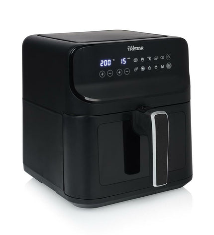 Black Tristar FR9037 air fryer with 6.2L capacity and 1350W power, compact electric kitchen appliance for healthy cooking.