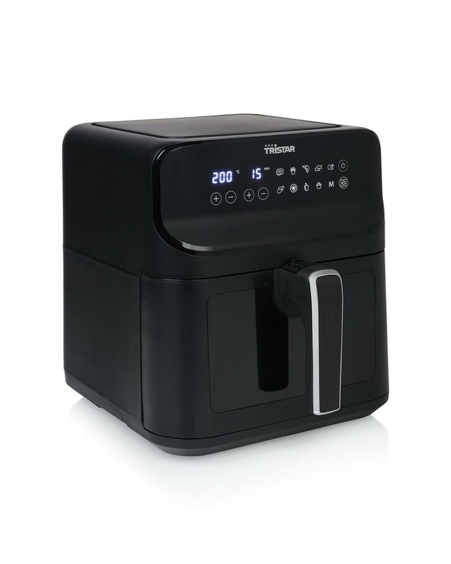 Black Tristar FR9037 air fryer with 6.2L capacity and 1350W power, compact electric kitchen appliance for healthy cooking.