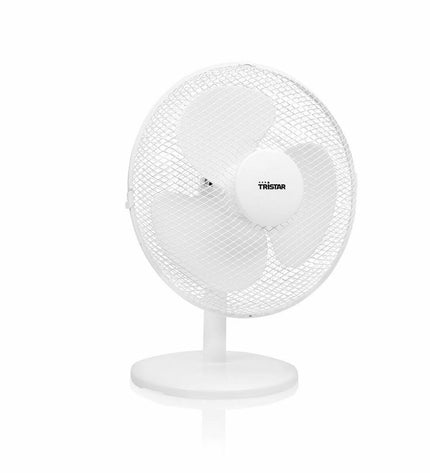 Tristar VE-5724 white tabletop fan in a home setting, showcasing a compact, portable fan for cooling and ventilation.