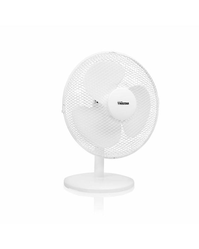 Tristar VE-5724 white tabletop fan in a home setting, showcasing a compact, portable fan for cooling and ventilation.