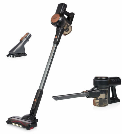 Princess Steelstofzuiger 339390 with 220W power, lightweight vacuum cleaner for home cleaning, showcasing its sleek design and attachments.