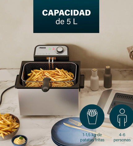 Princess 184090 small electric deep fryer for home cooking, with a compact design and stainless steel basket.