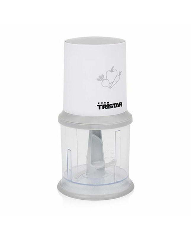 Tristar white mini food processor with stainless steel and plastic body, 200W power and 0.5L capacity for home cooking.