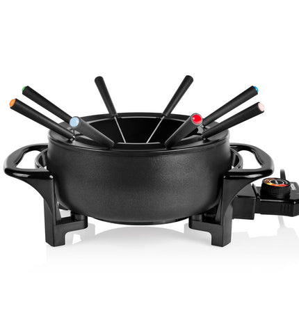 Tristar FO-1107 1000W fondue pot with 1.5L capacity for home cooking, featuring a black and stainless steel design.