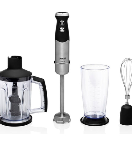 Princess 01.221221.01.001 black hand blender with 1000W motor, kitchen small appliance, showcasing blending attachments and control buttons.