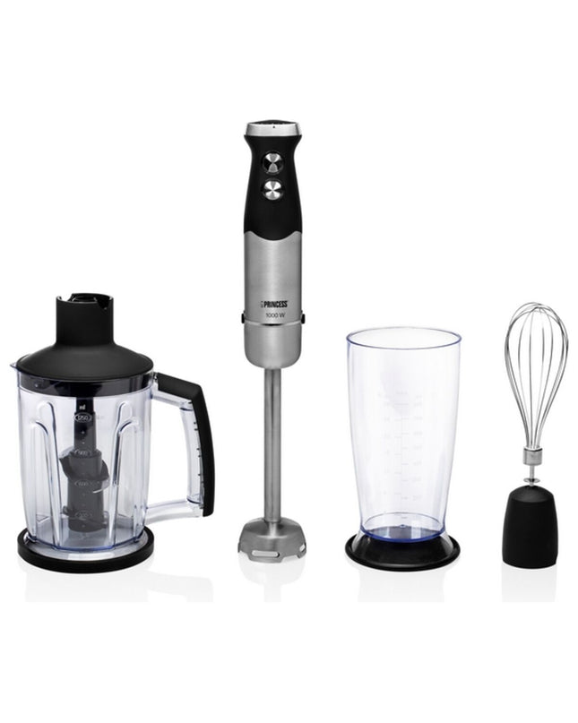 Princess 01.221221.01.001 black hand blender with 1000W motor, kitchen small appliance, showcasing blending attachments and control buttons.