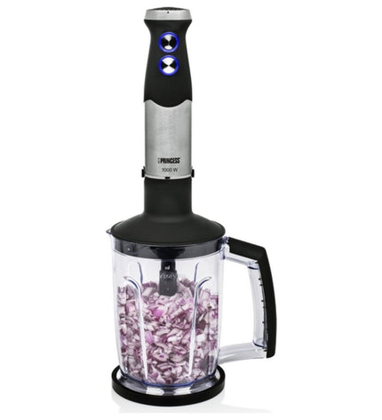 Black Princess hand blender with 1000W motor, showing the compact design and blending attachments for kitchen use.