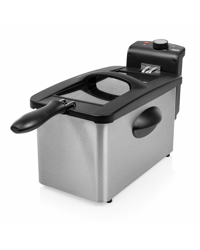 Princess 2000W deep fryer with 3L capacity, black and silver electric kitchen appliance for frying food.