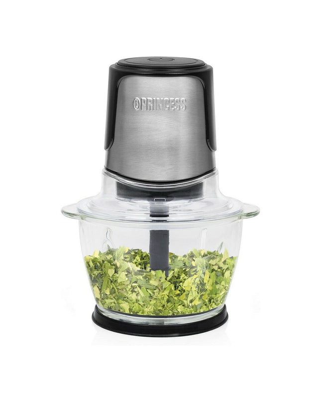 Princess Maalmachine in zwart glas with roestvrij staal accents, 300W, 1L capacity, suitable for home and cooking use.