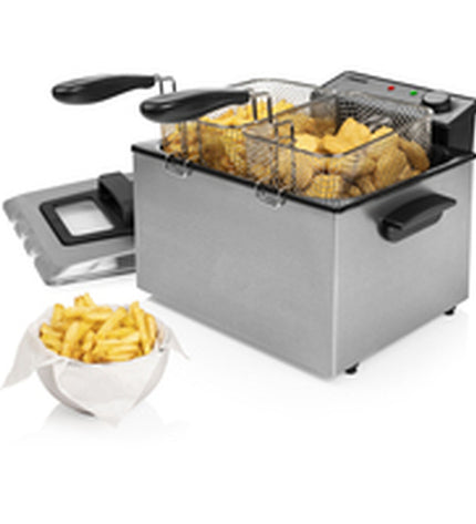 Princess gray and silver 5L deep fryer with digital controls for home cooking, compact electric kitchen appliance.