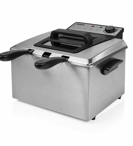 Princess grey and silver 5L deep fryer, compact electric kitchen appliance with a stainless steel basket and control dial.