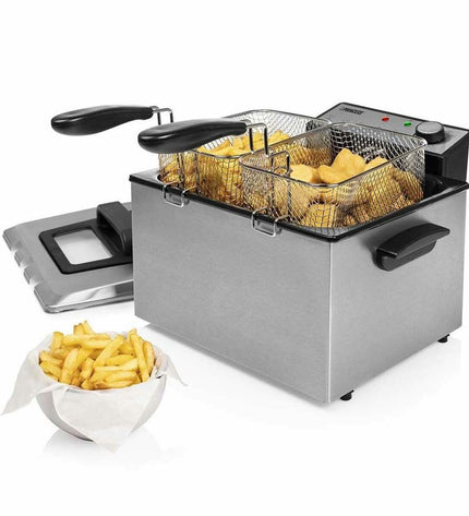 Princess 01.185000.01.001F frituurmachine in grijs en zilverkleur, 5L capacity, compact electric kitchen appliance for frying.