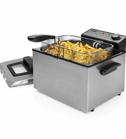 Princess grey and silver 5L deep fryer with basket, compact electric kitchen appliance for frying food.