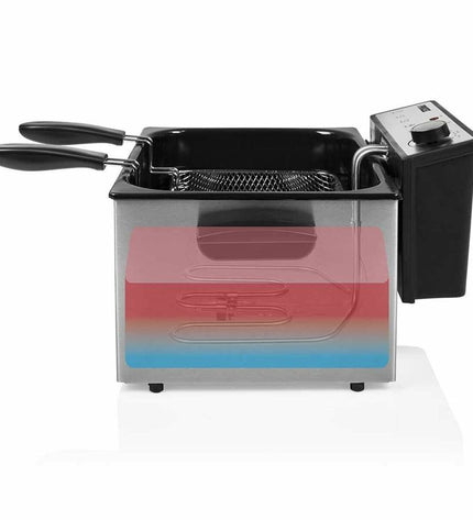 Princess 5L grey and silver deep fryer for home cooking, compact electric kitchen appliance with control panel and frying basket.
