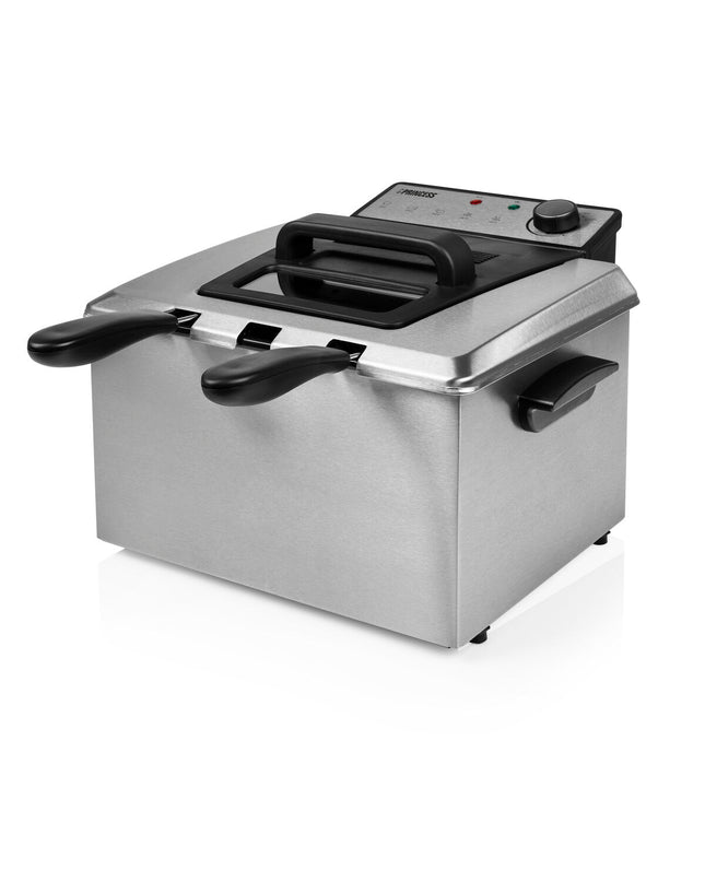 Princess grey 5L deep fryer with compact design, stainless steel finish, and digital control panel for home cooking.