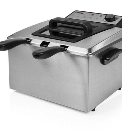 Princess 01.185000.01.001 3270W 5L fryer, compact electric kitchen appliance with stainless steel exterior and control panel.
