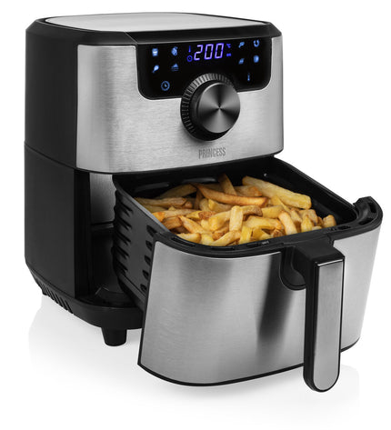 Princess luchtfriteuse in zwart en zilverkleur, 1500W, 4.5L, compact elektrische keukenapparaat for frying and cooking.