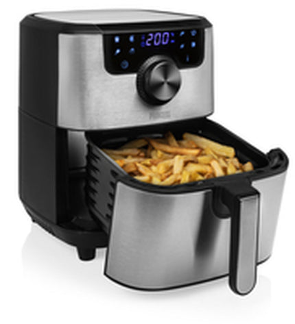 Princess luchtfriteuse in zwart en zilver, 1500W, 4.5L, compact elektrische keukenapparaat voor het frituren van voedsel.