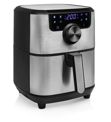 Princess luchtfriteuse in zwart en zilver, 1500W, 4.5L, compact elektrische air fryer voor thuis koken.