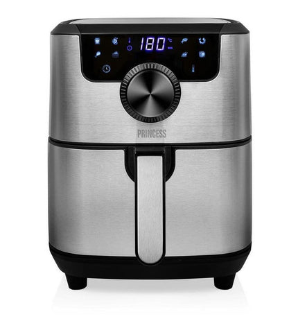 Princess luchtfriteuse in zwart en zilverkleur, 1500W, 4.5L capaciteit, compact elektrische keukenapparaat voor het bereiden van gefrituurd voedsel.