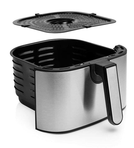 Princess luchtfriteuse in zwart en zilverkleur, 1500W, 4.5L capaciteit, compact elektrische keukenapparaat voor frieten en snacks.