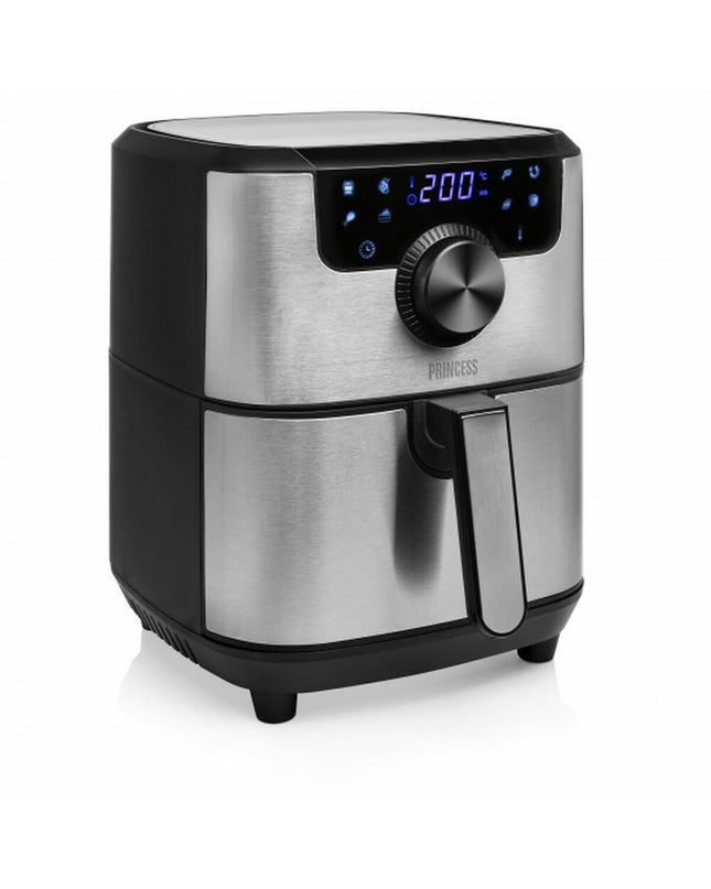 Princess black and silver 1500W air fryer with 4.5L capacity, compact kitchen appliance for healthy cooking.