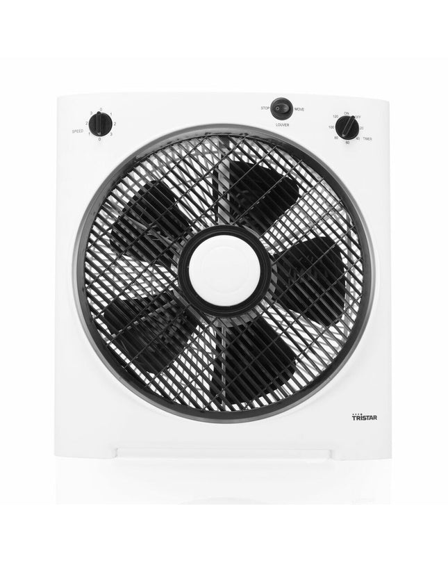 Tristar VE-5858 white portable floor fan with 40W power, ideal for home cooling and air circulation.
