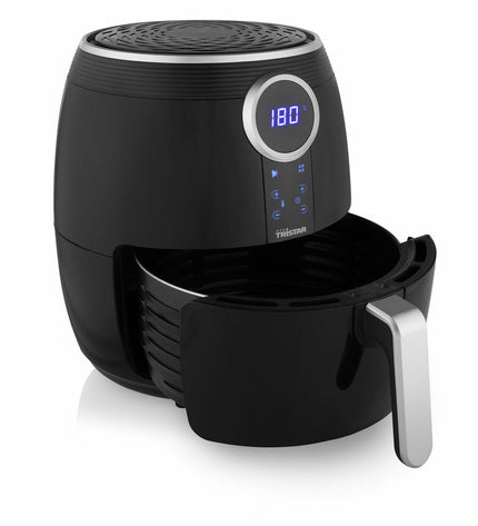 Black Tristar FR-6956 air fryer with 1500W power, compact kitchen appliance, front view showing control panel and basket.