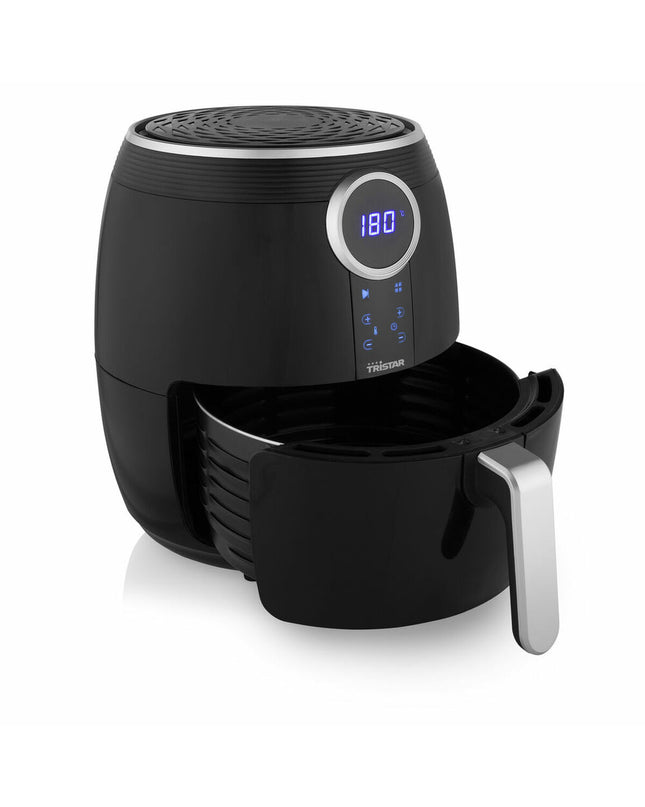 Black Tristar FR-6956 air fryer with 1500W power, compact kitchen appliance, front view showing control panel and basket.
