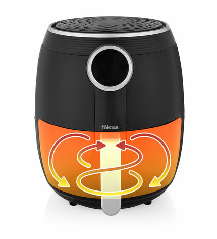 Black Tristar FR-6956 air fryer, 1500W compact kitchen appliance for healthy frying, shown with basket and control panel.