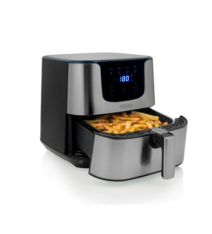 Princess luchtfriteuse met zilverkleurig design, 1700W en 5,5L capaciteit voor huis en koken, kleine elektrische apparaat.