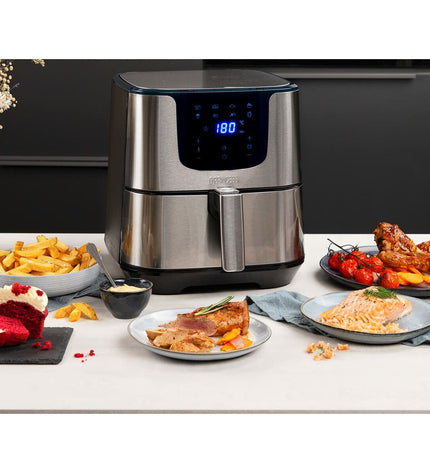 Princess 182060 silver air fryer with 5.5L capacity, 1700W, compact kitchen appliance for healthy cooking.
