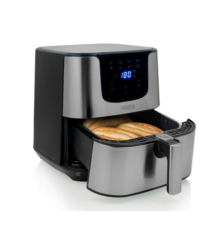 Princess luchtfriteuse 182060, zilverkleurig, 1700W, 5.5L voor huis en koken, compacte elektrische friteuse in afbeelding