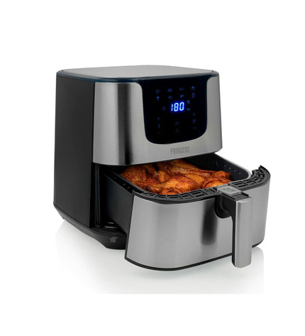 Princess luchtfriteuse 182060 in zilverkleur, 1700W, 5.5L compact elektrische keukenapparaat on a countertop with digital controls.
