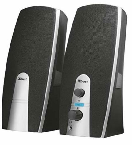 Trust MiLa 2.0 black speaker set with two compact 10W audio speakers for desktop audio and hi-fi sound.