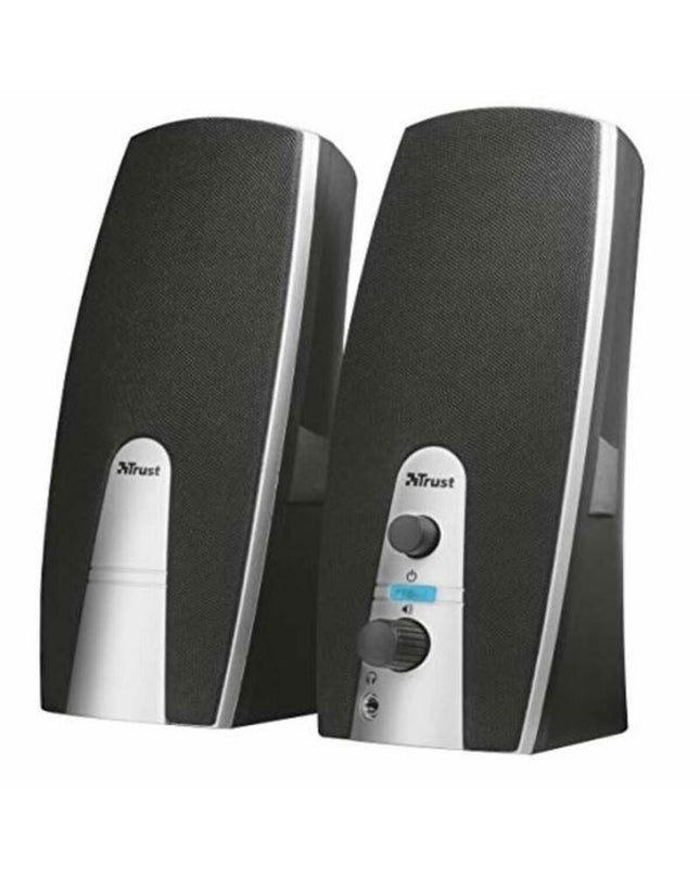 Trust MiLa 2.0 black speaker set with two compact 10W audio speakers for desktop audio and hi-fi sound.