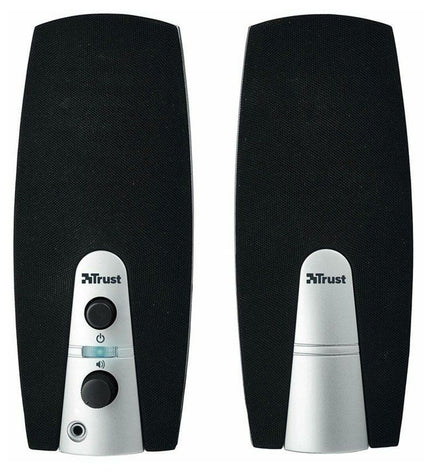 Trust MiLa 2.0 speaker set in black, compact audio speakers with 10W power for desktop computer audio.